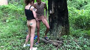 first time dragging skinny african teen 18+ to fuck outdoors in bushes
