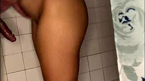 Babe with Small Waist Gags on Neighbor's Monster Cock in Shower