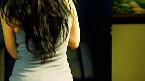 Cute brunette sabrina masturbates and blows a juicy cock to get jizzed