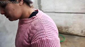 Construction worker convinces sexy wife to give blowjob in bathroom after pool cleaning.