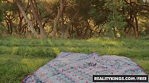 Natural hippie lesbians, eat pussy outdoors in threesome with fingering and licking!