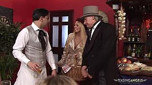 blonde maid moans while sucking cocks in stockings during hot milf group foursome with cowgirl riding