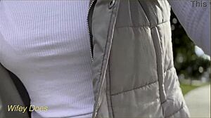 wifey rides bike braless, tits bouncing in tight shirt on public dare