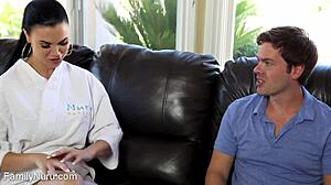 Stepson cums on stepmom's stomach after sexy massage with big tits ass sucking and oiled body!