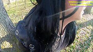 TIGHT leather pants, NO panties, WET surprise in CAR, STEAMY blowjob OUTDOORS, ROUGH forest FUCK