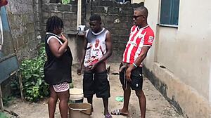 two brothers take turns fucking their submissive stepmother by the well, big ass bouncing