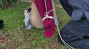 Beautiful Blonde Teen 18+ Bound In Outdoor Bondage, Caressing Dirty Socks