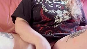 Girl moans while masturbating hairy pussy with huge dildo to orgasm