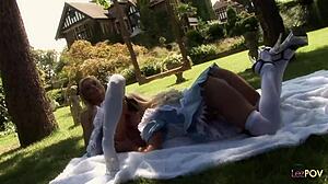 Outdoor Lesbian Sex Entails Skirts Up and Dildo Fucking of Their Wet and Pink Cunts