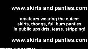 Babe in lingerie teases with upskirt. Flashing pink panties in amateur fetish scene.