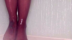 enjoying relaxing shower with nylon stockings on feet 😊