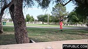 Asian girl flashes and masturbates outdoors in leggings on street