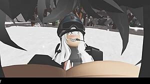 Snowy forest adventure with blonde in nature scene