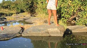 Teasing teen babe bent over for friend to cum.