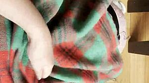 my shy neighbor with big tits does cunnilingus under the blanket, licking pussy so good.