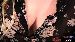 Blonde Secretary Teases Wanking Sub Voyeuristically