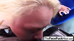 The cute blonde pornstar gets her face wrecked roughly by two cocks in hardcore nude session.