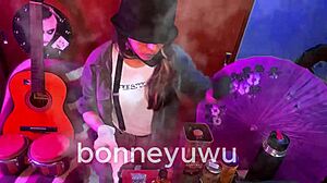 Cute petite bonneyuwu in miniskirt sucks dildo on bed for bartender's pay 😍