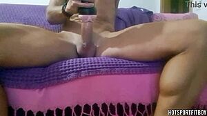 hot guy humping a fleshlight on the couch moaning loud - cum inside