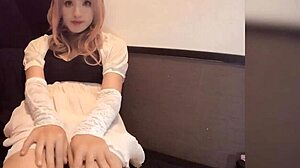 Pink-haired sexy crossdressing ladyboy quietly masturbates in asian japanese shemale video