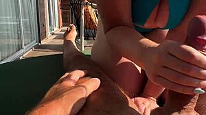 Hot Babe's Sloppy Balcony Handjob