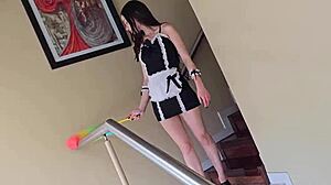 I let the house cleaning girl use lubricant with me in curvy maid costume creampie