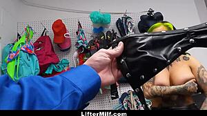 Milf shoplifter convinces officer in garage to let her go. Caught and punished with domination in office setting.