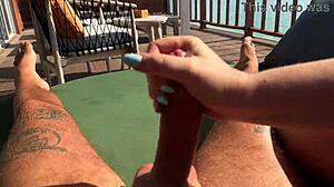 Hot Babe's Sloppy Balcony Handjob