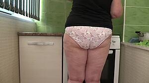 I feel so aroused watching this big ass mature housewife in panties cleaning at home with amateur fetish behind the scenes.