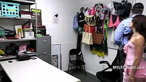 Flat white brunette milf caught stealing at office desk gets hardcore fucked by cop in stockings