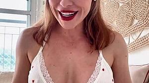 Brazilian milf in lingerie gives jerk off instructions with dildo. Cute amateur shows big tits in homemade solo fetish play.