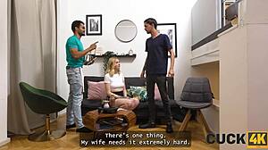 pregnant czech blonde gets fucked on sofa while husband watches as cuckold stranger