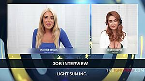 Job interview turns wild for Arietta Adams, Vivianne DeSilva, and Chloe Cooper. NERVES fade as chubby brunette gets facial in fat fetish fucking.