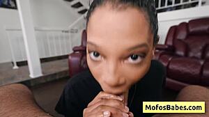 Sexy busty ebony Eden West sucks huge white dick from Charles Dera and gets moist bald black cunt fucked hard.