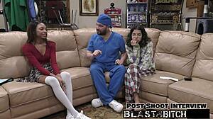 solana spits out doctors load so he fucks missionary with gloves and blasts cum on tits