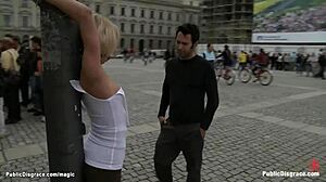 I get banged as blonde in public outdoor gangbang with blowjob and cumshot in domination