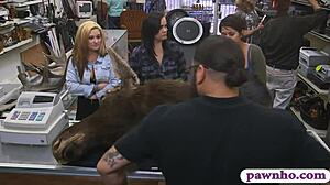 In the storage room, couple lesbians get pounded by pawn keeper during reality group spying on hidden cam