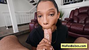 Sexy busty ebony Eden West sucks huge white dick from Charles Dera and gets moist bald black cunt fucked hard.