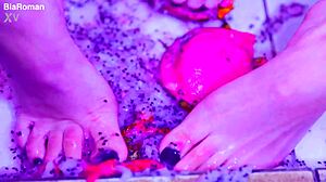 Bare toes from latina goddess slowly crushing juicy fruit with close-up wet sucking and crushing sounds