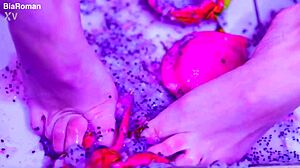 Bare toes from latina goddess slowly crushing juicy fruit with close-up wet sucking and crushing sounds