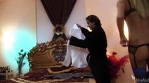 the king has two vaginas to choose from after dinner... i mean, like, these maids in lingerie are ridin' and blowin' his big cock in this bisexual threesome with cumshots and facial, y'know?