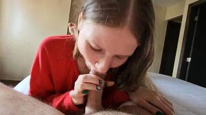 Sexy blonde deepthroats big cock in hotel mirror pov. Cute face gets creampie facial with hot cum.