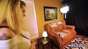 Blonde curvy cutie Stacie has twat fingered and sucks cock