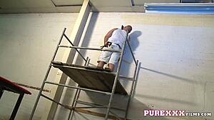 Busty secretary milf in heels and stockings strips skirt for upskirt fingering and orgasm