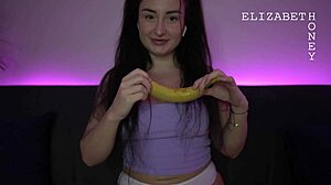 Brunette with big tits whispers dirty talk in student roleplay, teasing juicy pussy and feet.