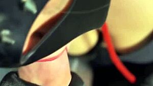 LEASHED SLUT in HIGH HEELS SWALLOWS CUM after DEEP BLOWJOB! What a WET FACIAL!