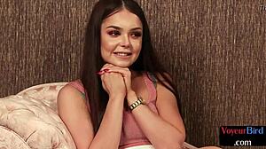 Classy brunette shows ass in lingerie and heels. She dominates wanking black guy with monster cock in intriguing interracial voyeur scene.