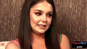 Classy brunette shows ass in lingerie and heels. She dominates wanking black guy with monster cock in intriguing interracial voyeur scene.