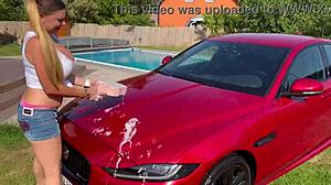 Dude, sexy car wash with curvy blonde milf Lenushka doll getting wet