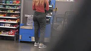 Blonde milf shows off nice ass in tight spandex for intense tease